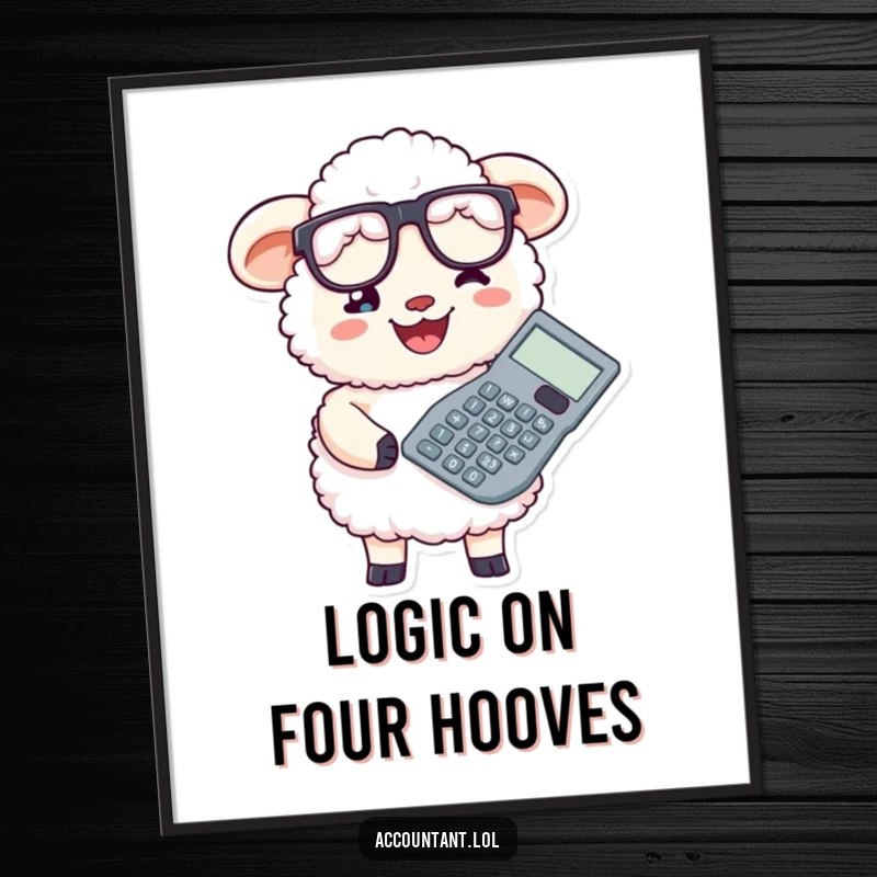 Funny sheep accountant character wearing glasses, enthusiastically holding a giant calculator and smiling broadly.