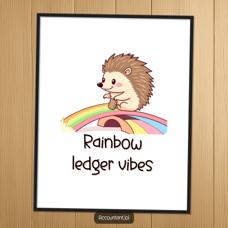 Funny poster art of a content hedgehog pushing a large ledger across a vivid rainbow bridge, celebrating cheerful progress and dreams.