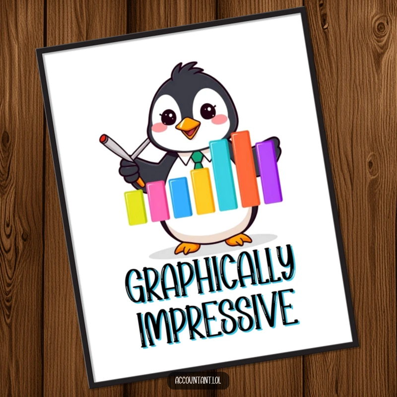 Funny Penguin Accountant Poster: An energetic penguin accountant uses a flipper to point at a lively, colorful bar graph.