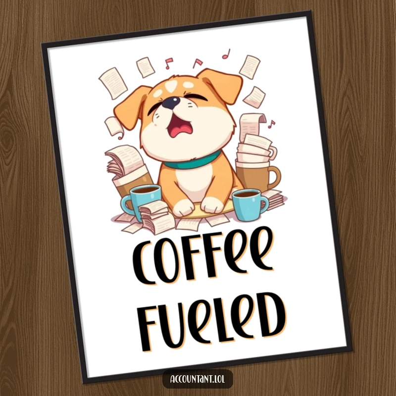 Funny sleepy dog yawning widely, surrounded by overflowing coffee cups and paperwork as a high-quality poster.