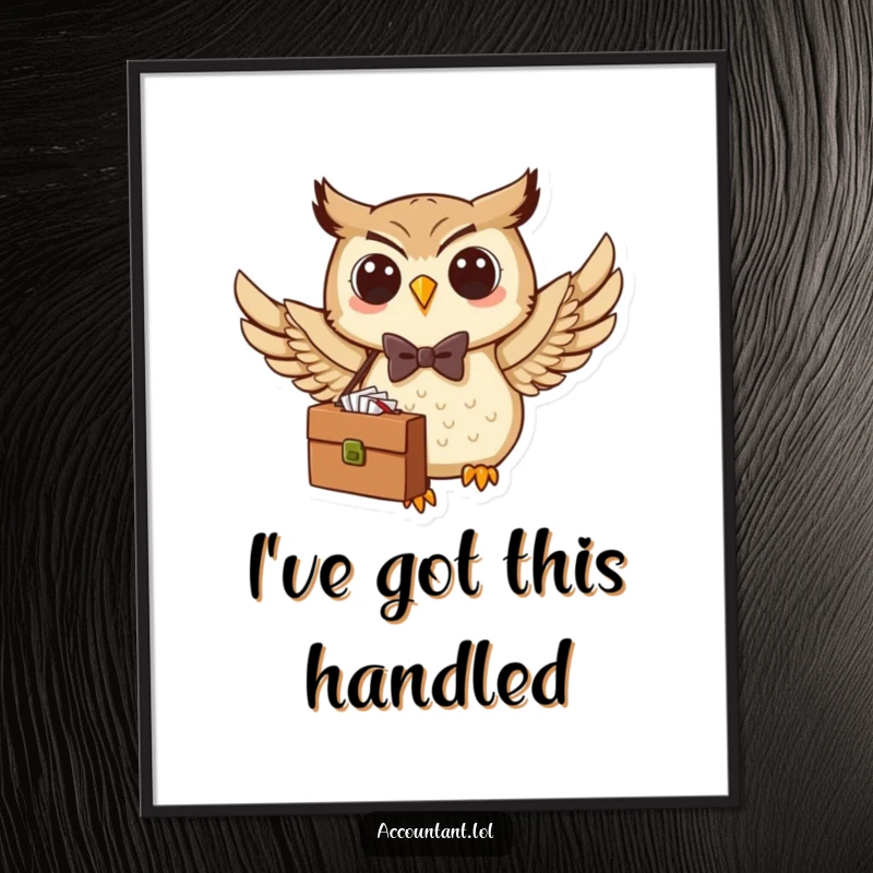 Funny Owl Poster: A dapper owl with a bow tie and briefcase flies confidently, symbolizing business success with humor.