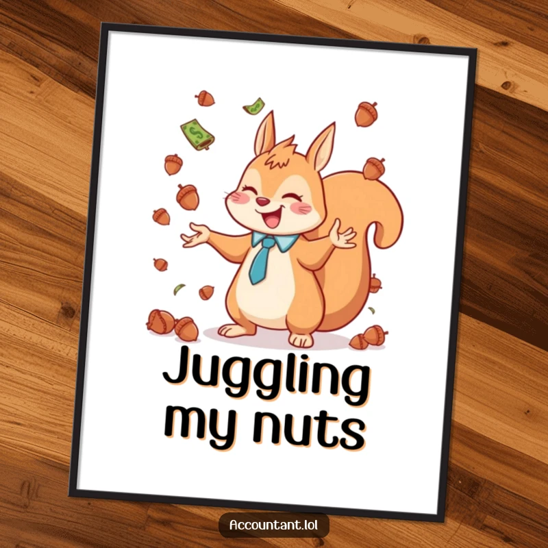 Funny cute squirrel accountant juggling acorns like currency with a joyful expression, whimsical art.