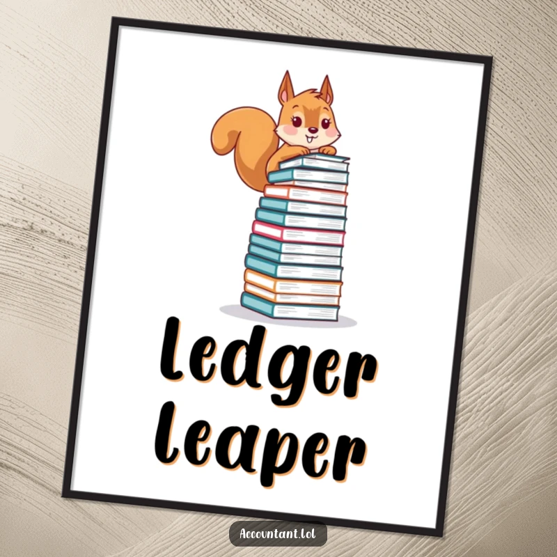 Funny poster art of a playful squirrel barely balancing a massive stack of financial ledgers, representing the high-stakes world of finance.