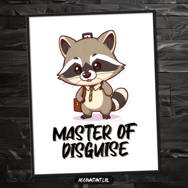 Funny poster of a cunning raccoon balancing a briefcase on its nose, illustrating a humorous take on business and resourcefulness.