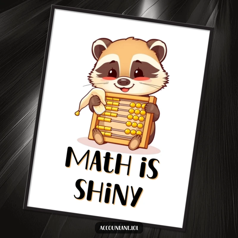 Funny poster showcasing a smiling badger polishing a golden abacus, humorously illustrating a passion for accounting and precision.