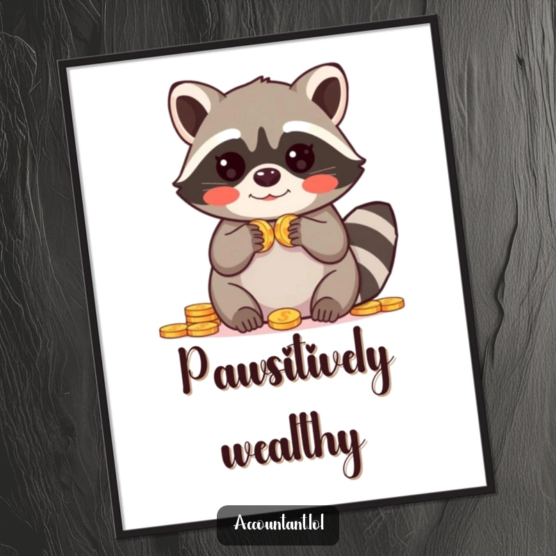 Funny poster depicting a blushing raccoon with paws raised in utter amazement while counting a large pile of coins.