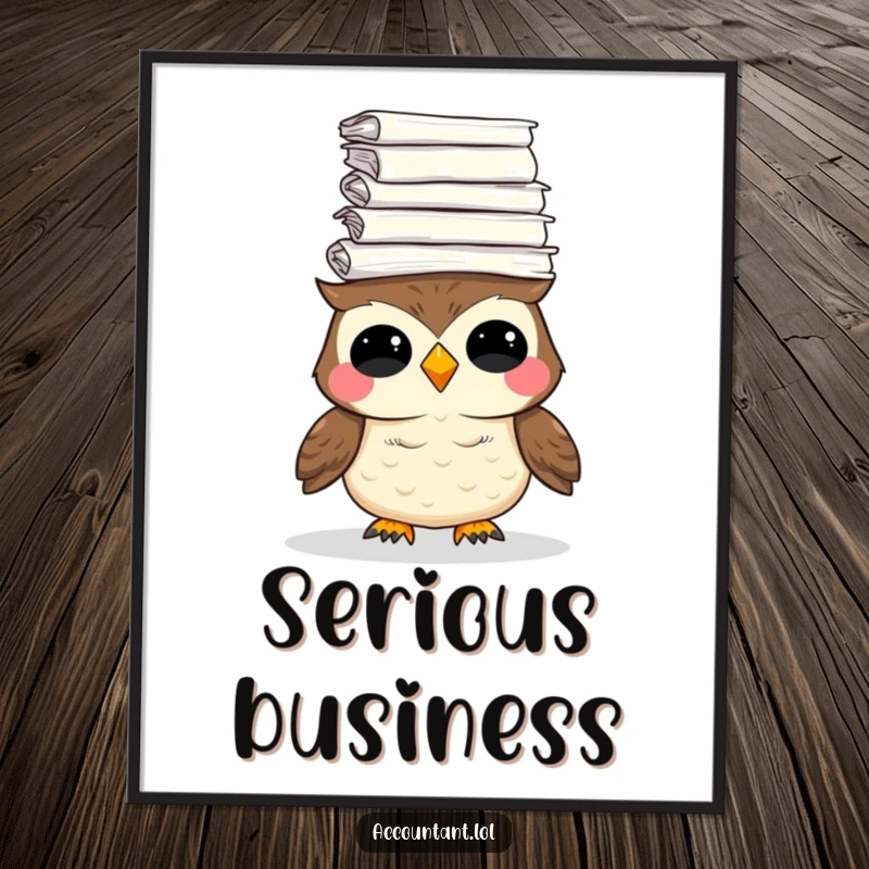 Funny poster of a giggling owl balancing an overwhelming stack of paper, humorously depicting the challenges of study and work.