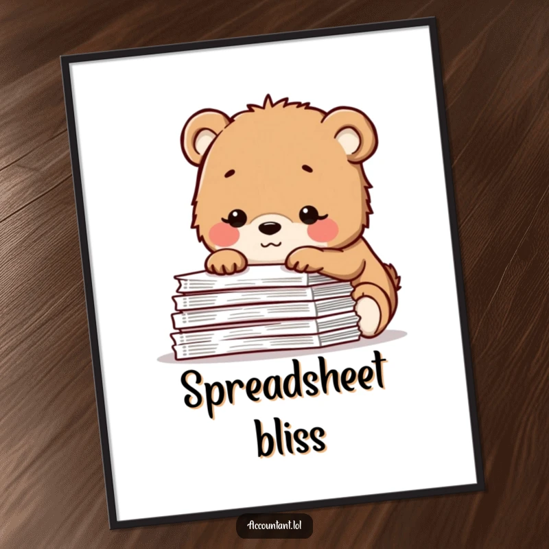 Funny poster art of a contented bear cub with a small smile, peering over a large stack of spreadsheets, evoking peaceful data management.