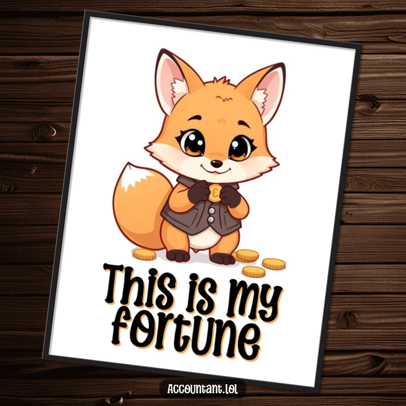 Funny fox money poster, a mischievous fox wearing a vest, intently counting coins with wide, excited eyes.