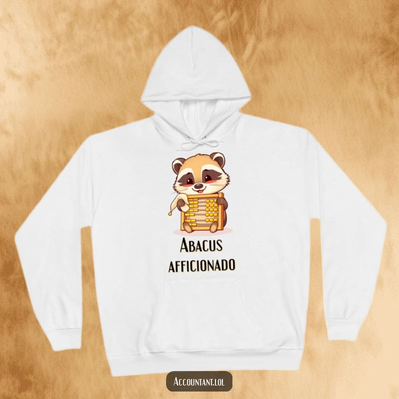 Funny hoodie featuring a smiling badger diligently polishing a golden abacus, symbolizing a humorous flair for order and mathematics.
