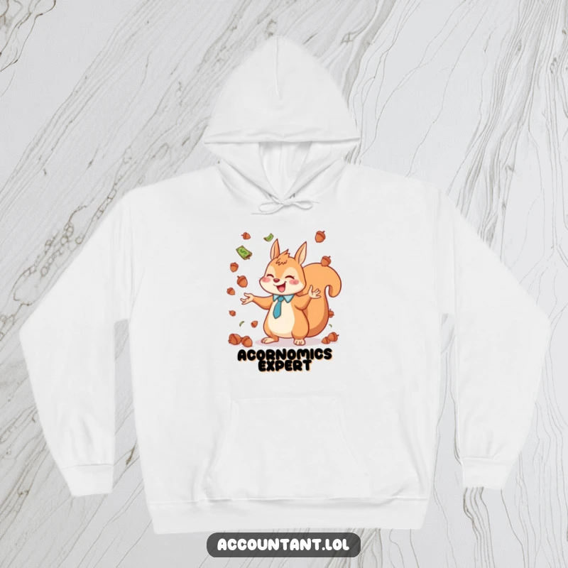 Funny squirrel accountant juggling acorns like currency, looking joyful, cozy and humorous.