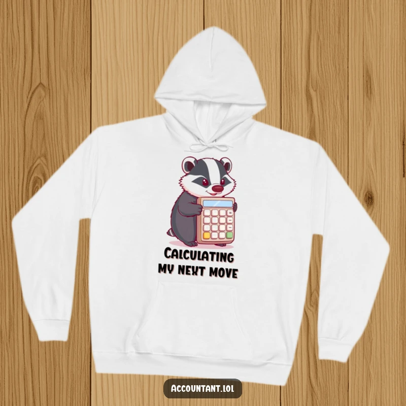 Funny Badger Hoodie: A determined badger pushes a giant calculator, offering warmth and a humorous nod to focus.