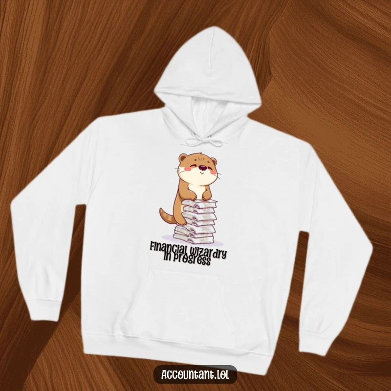Funny otter hoodie, a cute otter winking as it balances a massive pile of receipts, cozy and humorous.