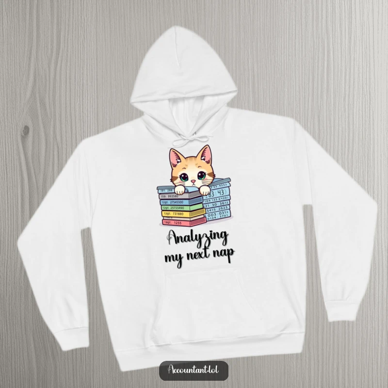 Funny curious cat investigating a pile of expanding numerical charts, a cozy and humorous hoodie for office enthusiasts.