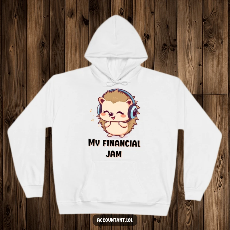 Funny hoodie depicting a cute hedgehog with headphones, humming and counting, offering a blend of musical comfort and numerical focus.