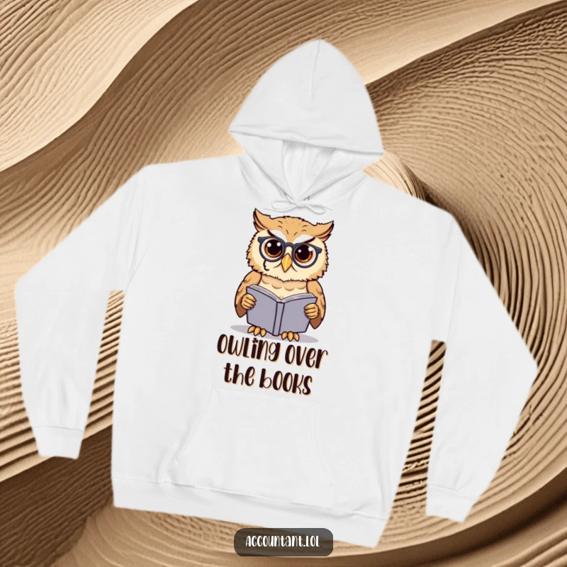 Funny owl scholar hoodie, a cute owl wearing a monocle, thoughtfully examining a ledgerbook, projecting an air of intelligence.