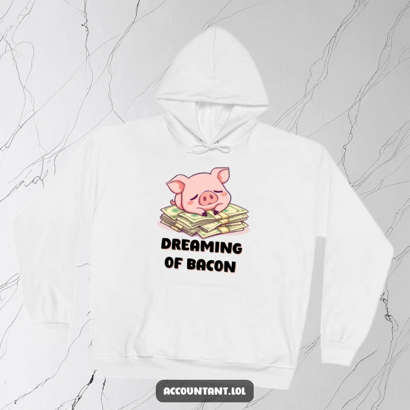 Funny hoodie featuring a pig blissfully asleep on a bed of money, offering warmth and a humorous take on wealth.