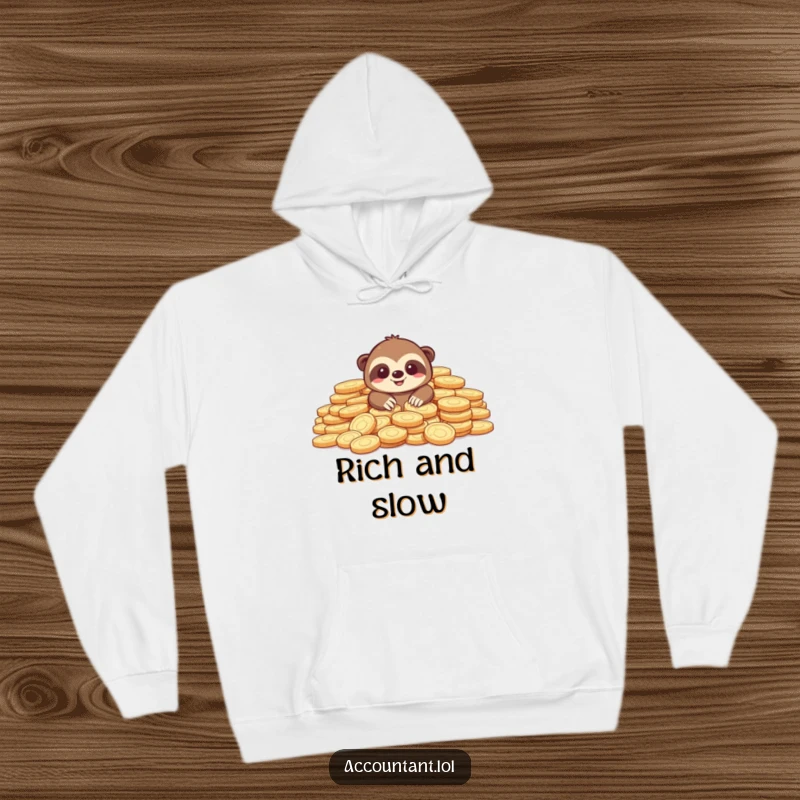 Funny hoodie depicting a content sloth peeking out from an enormous hoard of shiny coins, perfect for cozy wealth dreaming.