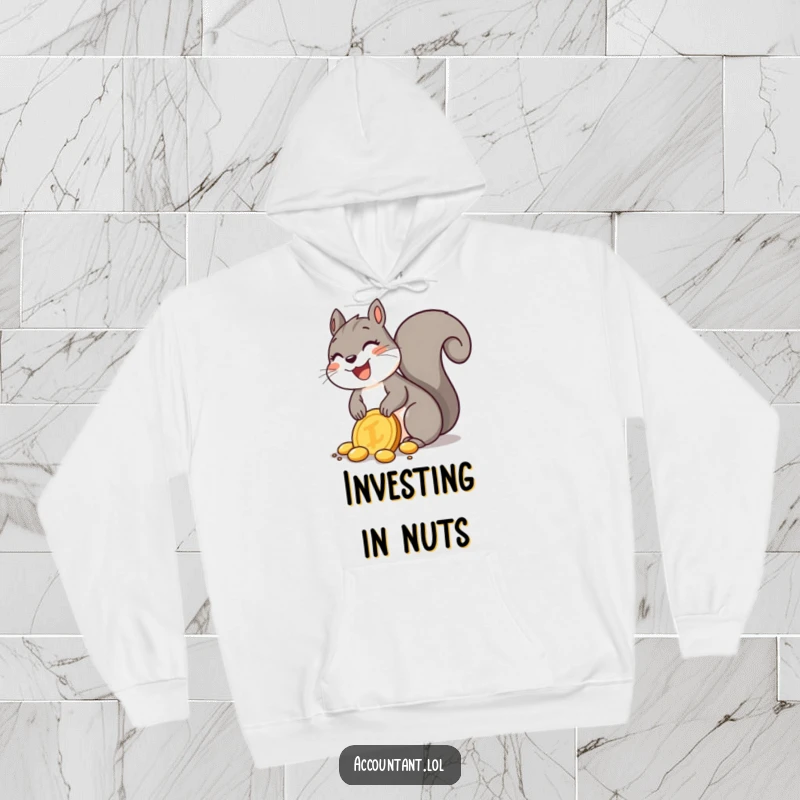 Funny Squirrel Hoodie: A delighted squirrel joyfully buries a large golden coin, offering cozy comfort and cheerful vibes.
