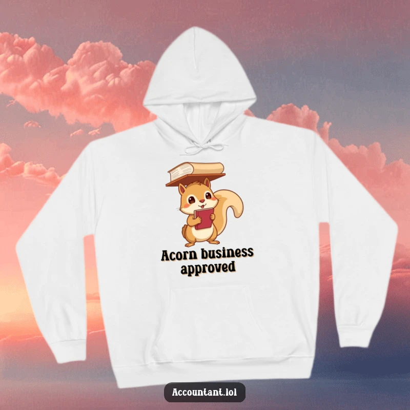 Funny Hoodie featuring a determined squirrel balancing a large ledger on its head, evoking resilience.