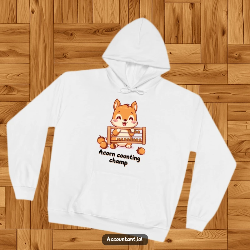 Funny Squirrel Saver Hoodie, an excited squirrel, counting acorns on an abacus, cozy and humorous, perfect for chilly days.