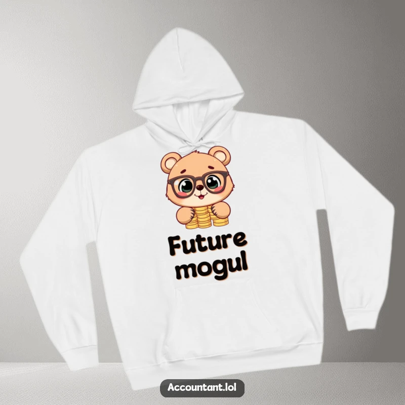 Funny hoodie showcasing a cute, bespectacled bear cub diligently stacking coins, representing a humorous take on financial planning and prosperity.