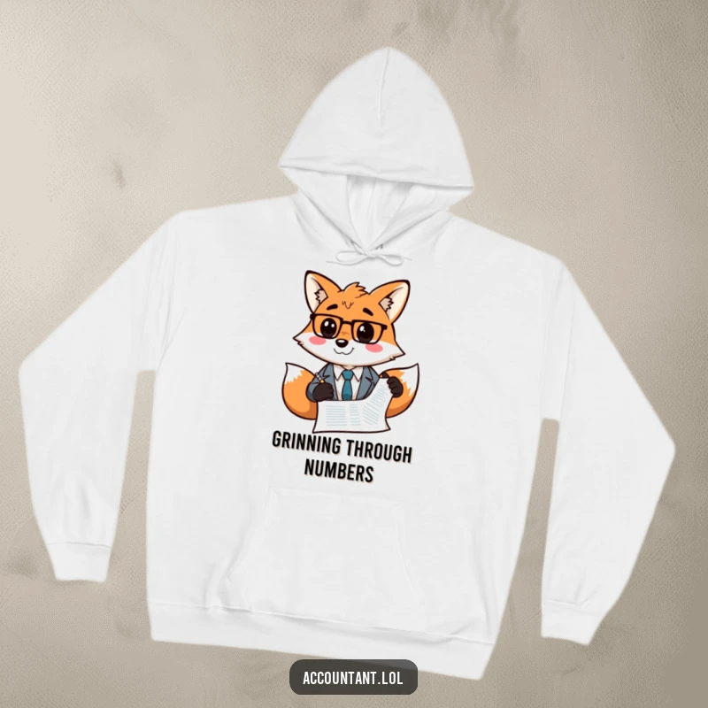Funny Fox Accountant Hoodie: A self-assured fox accountant draws a smiley face on a balance sheet, looking cozy.