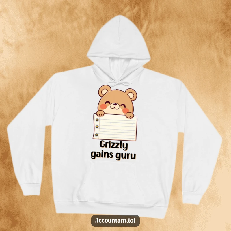 Funny chubby bear with a big smile peeking over a ledger, cozy and humorously surprised.