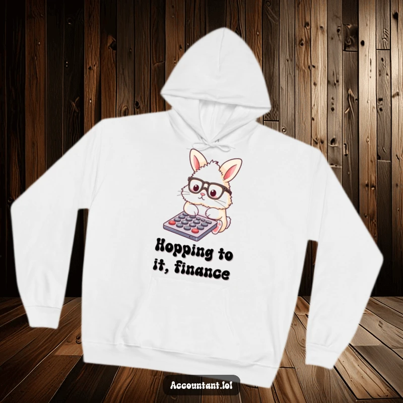 Funny Hoodie showcasing a fluffy bunny in glasses, diligently working on a calculator, a comical finance theme.