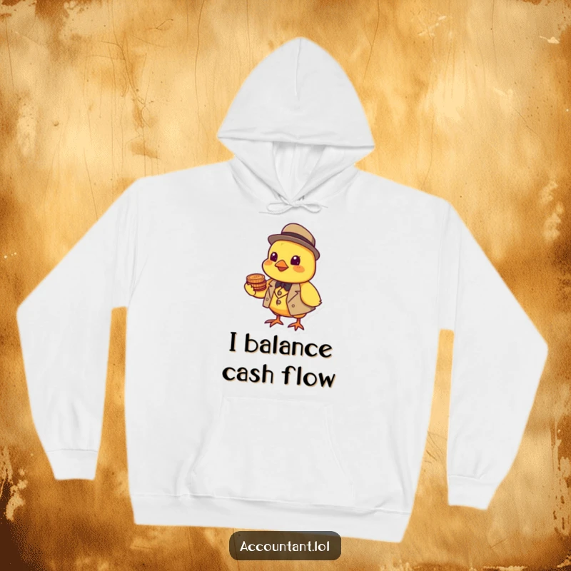 Funny cheerful yellow chick in a tiny suit balancing coins on its beak, featured on a warm hoodie.