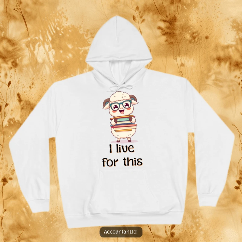 Funny sheep wearing glasses precariously balancing a huge stack of colorful papers, depicted on a cozy hoodie for office vibes.