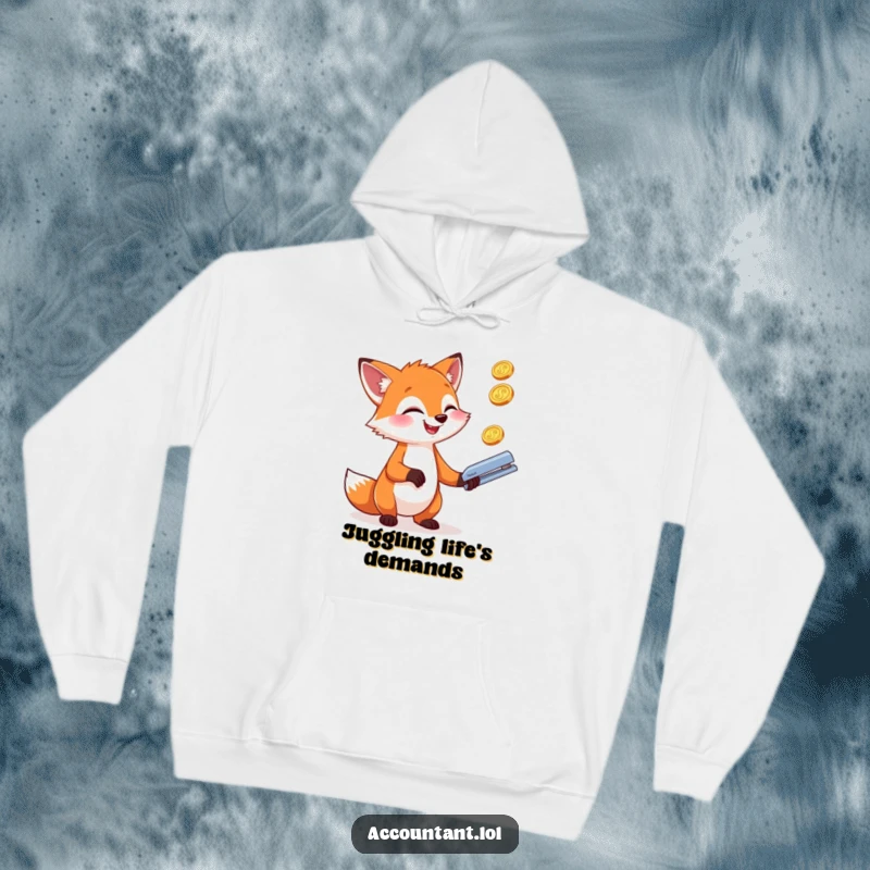Funny giggling fox juggling coins and a stapler, designed on a warm and funny hoodie.
