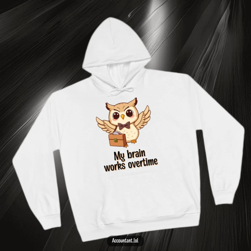 Funny Owl Hoodie: A happy owl in a bow tie takes flight with a briefcase, offering cozy comfort and a humorous vibe.