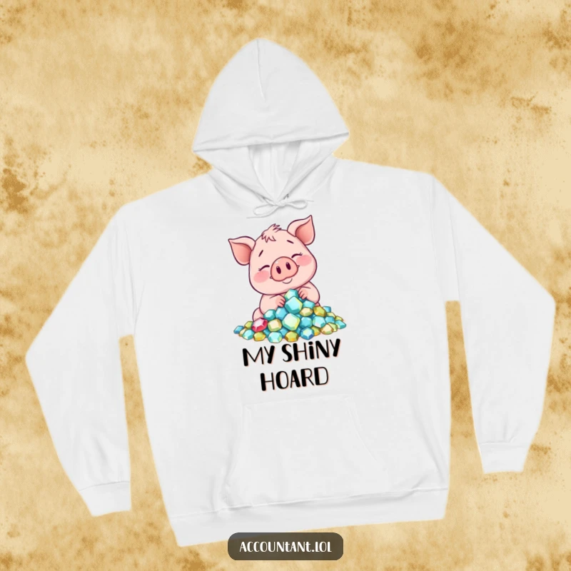 Funny smiling pig counting sparkling gems with a contented sigh, a cozy and humorous hoodie for luxury lovers.