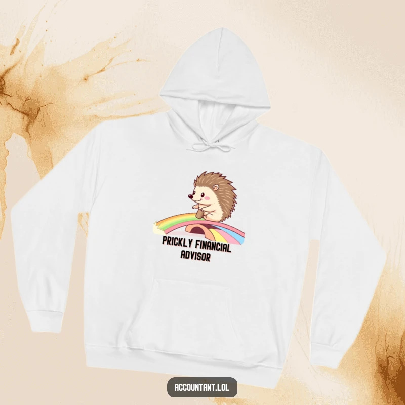 Funny hoodie design with a happy hedgehog rolling a substantial ledger across a colorful rainbow bridge, offering cozy, imaginative warmth.