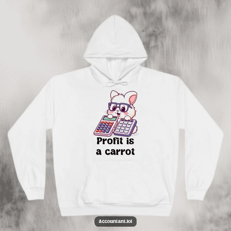 Funny bunny accountant hoodie, soft and warm, showing a cute rabbit with glasses stamping a large calculator with comedic intensity.