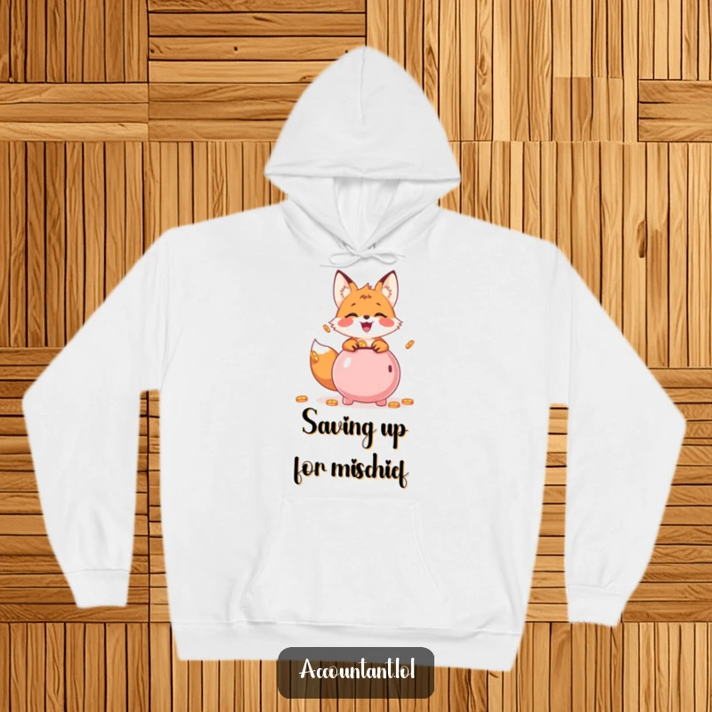 Funny Hoodie with a cheerful fox cub gleefully adding coins to a piggy bank, a whimsical finance design.