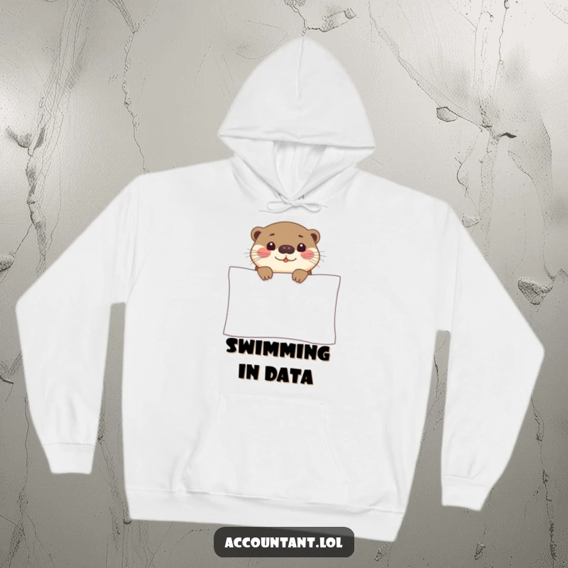 Funny otter hoodie with a curious otter smiling over a large spreadsheet, offering cozy office vibes.