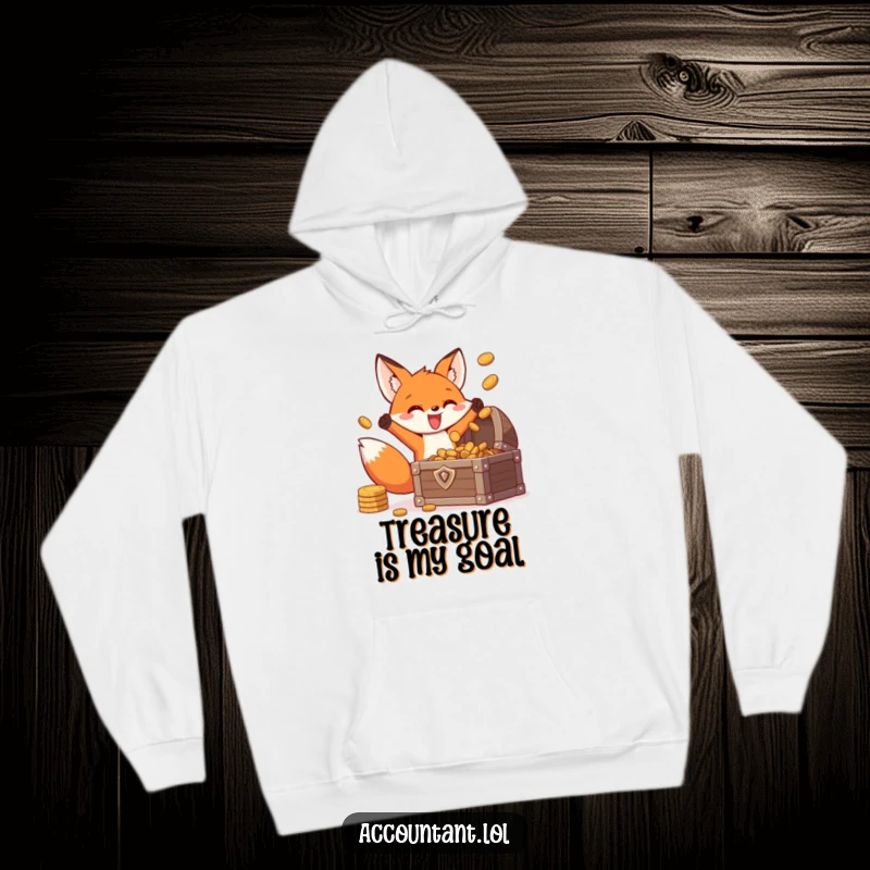 Funny fox treasure hoodie, a cozy sweatshirt showing an energetic fox joyfully throwing coins into a treasure chest with glee.