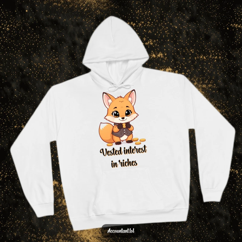 Funny fox money hoodie, a mischievous fox wearing a tiny vest, excitedly counting shiny coins with wide eyes.