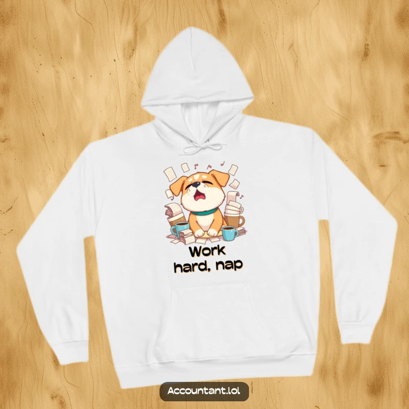 Funny sleepy dog yawning widely, surrounded by overflowing coffee cups and paperwork on a soft hoodie.