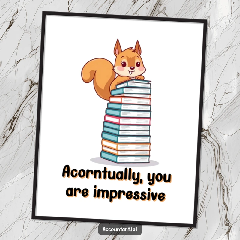 Funny free printable squirrel art depicting a playful squirrel precariously balancing a huge stack of financial ledgers.