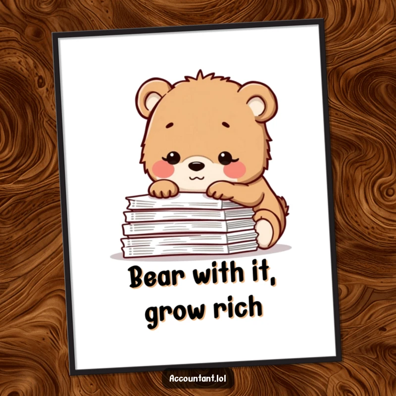 Funny free printable bear cub art featuring a contented cub peering over a pile of spreadsheets with a smile.