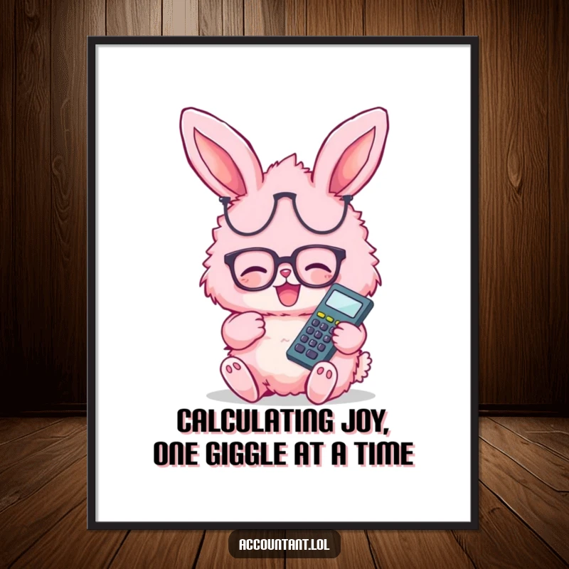 Funny Free Printable Bunny Wall Art: A fluffy pink bunny wearing glasses giggles gleefully while holding a calculator, ready to brighten your decor.