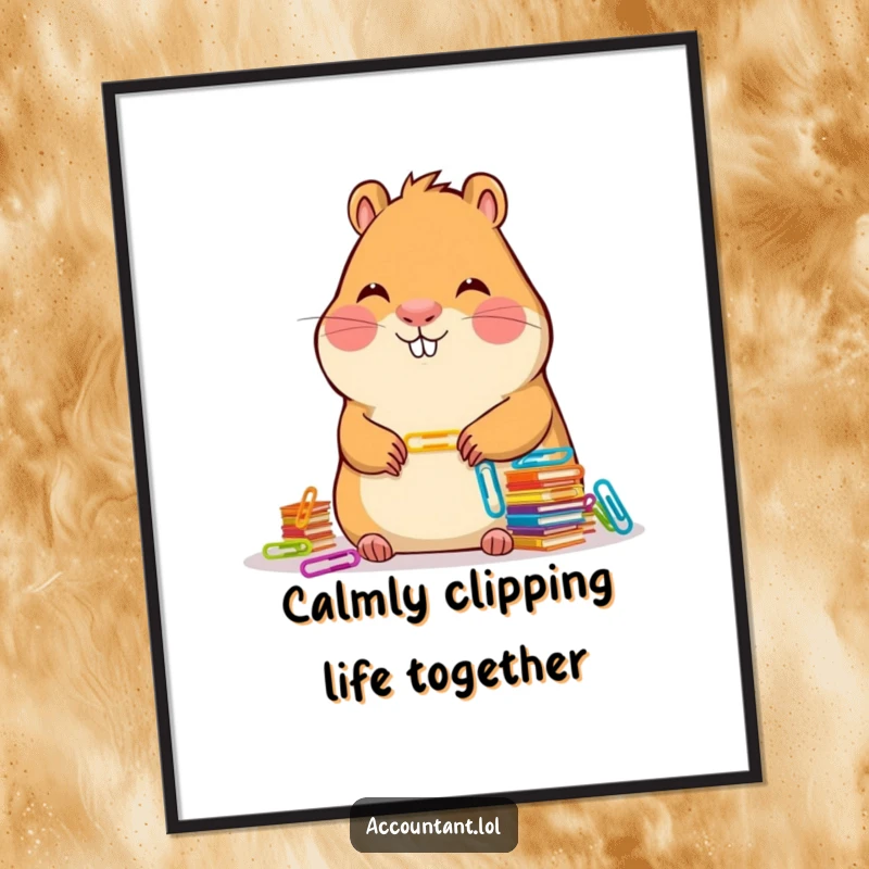 Funny Free Printable Wall Art: A capybara with a peaceful smile meticulously arranges colorful paper clips, bringing calm and humor.