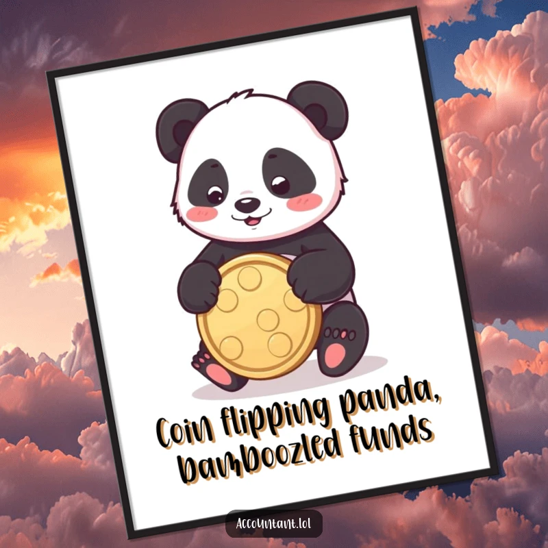 Funny free printable wall art: A playful panda bounces a large coin between its paws, adding adorable, humorous charm to your decor.