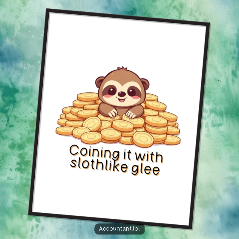 Funny Free Printable sloth wall art depicting a happy sloth covered in giant coins, a humorous digital download.