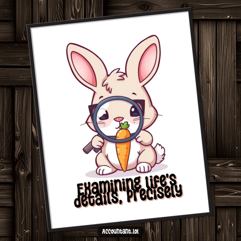 Funny Free Printable Wall Art: A diligent bunny auditor with a magnifying glass examines a tiny carrot, offering a humorous take on meticulousness.