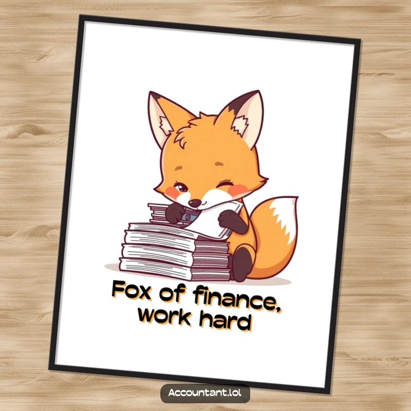 Funny free printable fox art featuring a curious fox intensely stamping documents, ideal for office decor.