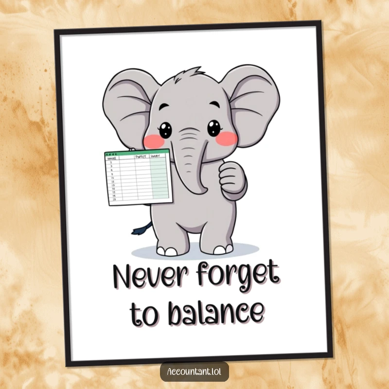 Funny Free Printable Wall Art: A proud elephant holding up a perfectly balanced spreadsheet with a satisfied expression.